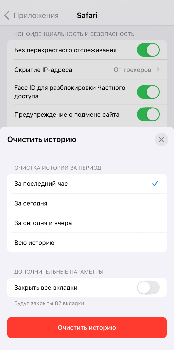Экран выбора периода очистки истории в Safari